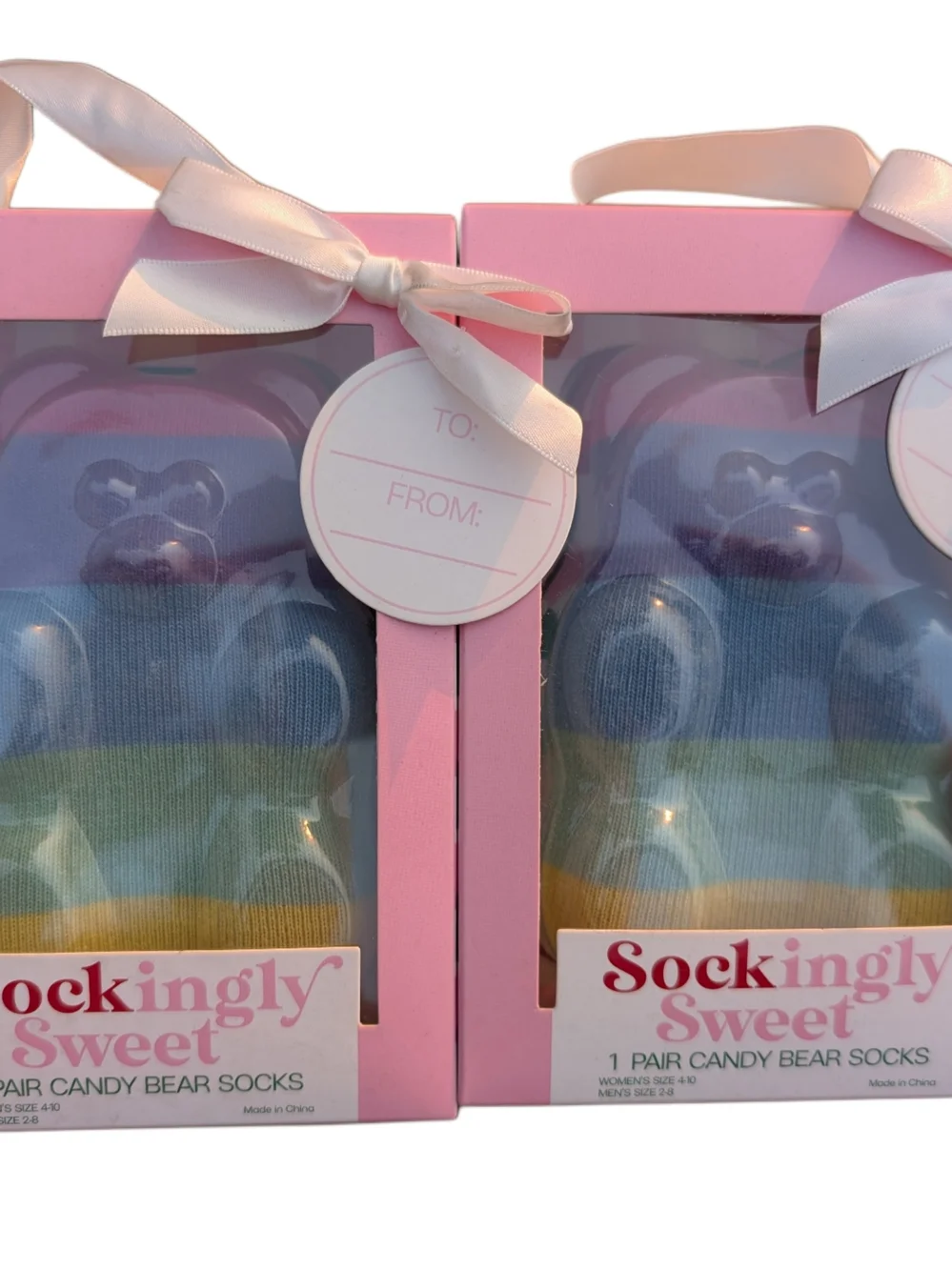 Sockingly Sweet Two Sets of Pastel Pink Gift Boxes with Gummy Bear Rainbow Socks